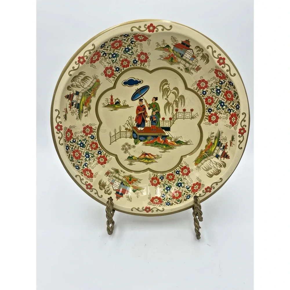 Vintage 1971 Daher Asian Ladies Decorated Metal Ware Floral Serving Bowl England